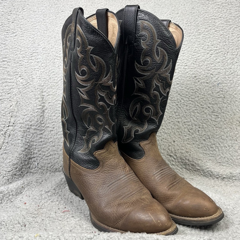 Tony Lama Cowboy Boots Men's Sz 9 D Buckaroo Leather Western Brown Black RR4001